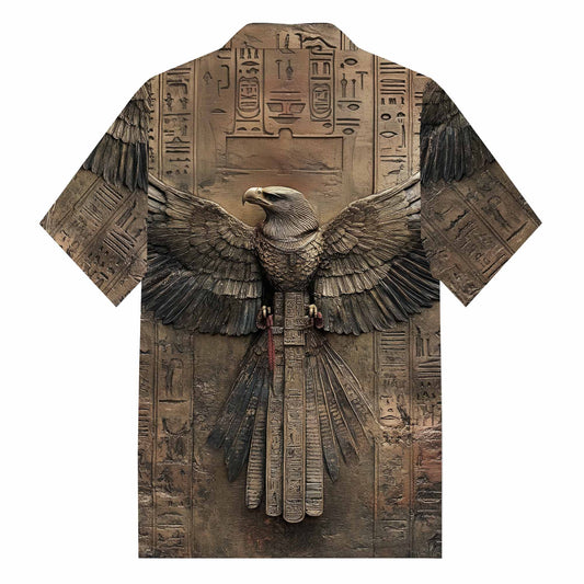 Ancient Egyptian Runes & Eagle Pattern Camp Collar Short-Sleeved Shirt