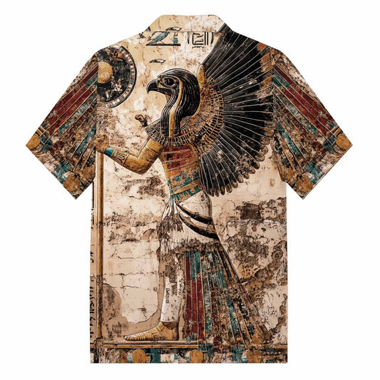 Ancient Egyptian Horus Print Camp Collar Short-Sleeved Shirt