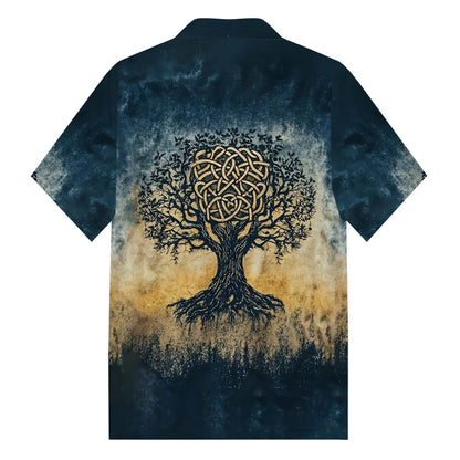 Viking Celtic Knot Tree of Life Art Camp Collar Short Sleeve Shirt