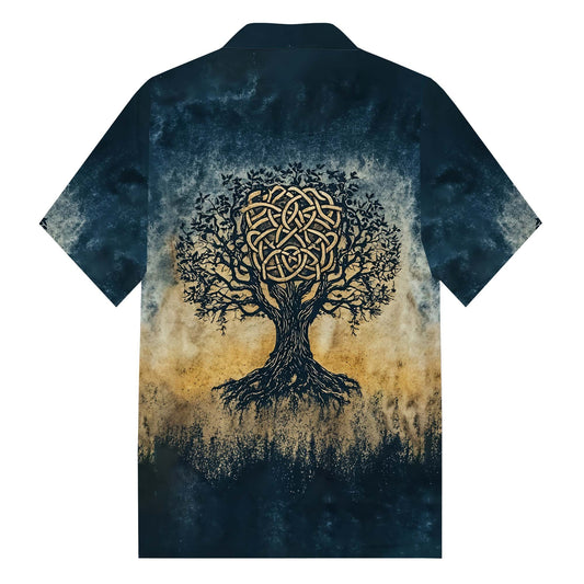 Viking Celtic Knot Tree of Life Art Camp Collar Short Sleeve Shirt