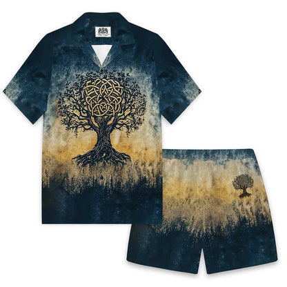 Viking Celtic Knot Tree of Life Art Camp Collar Short Sleeve Shirt