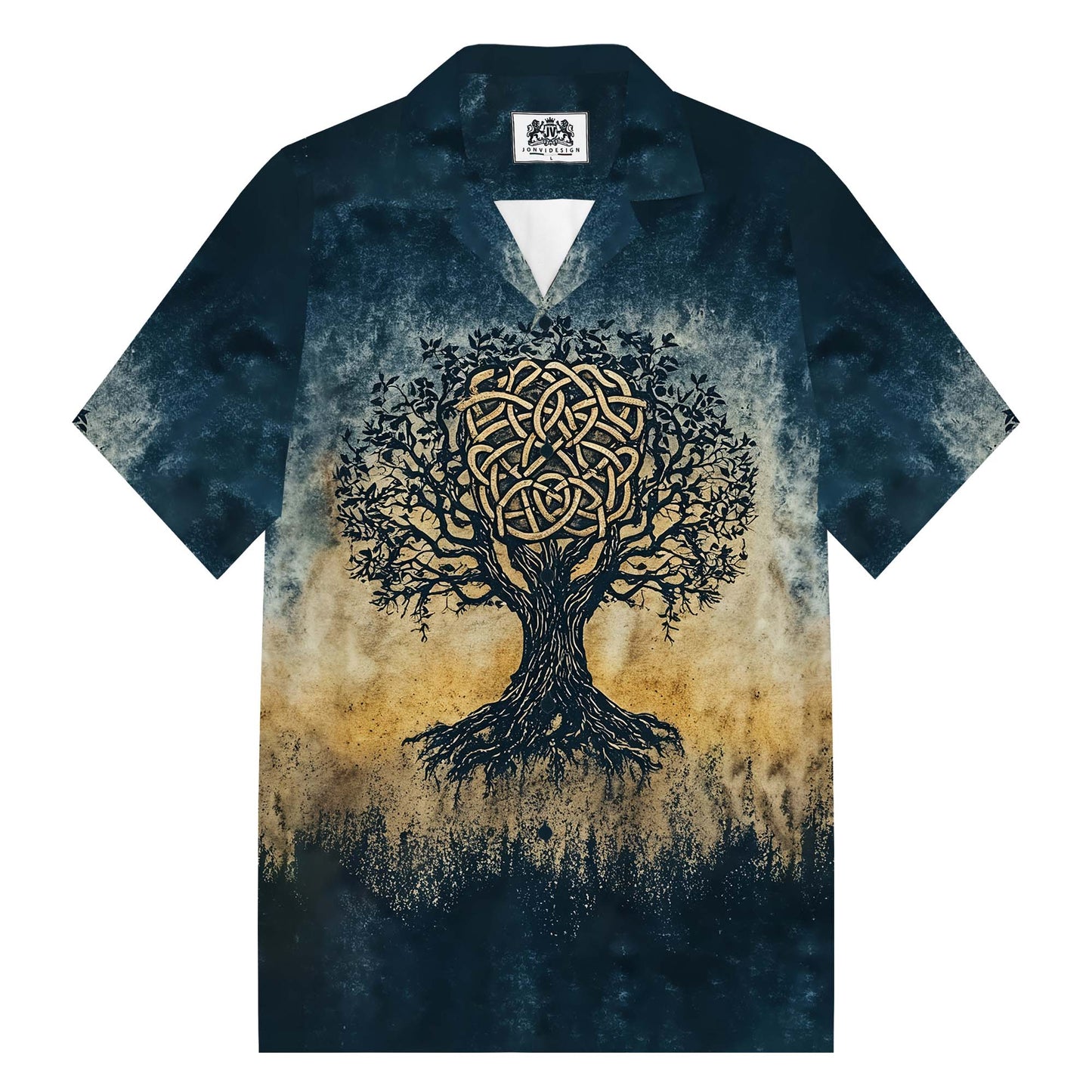 Viking Celtic Knot Tree of Life Art Camp Collar Short Sleeve Shirt