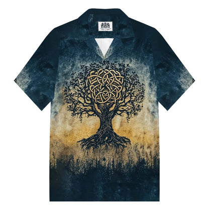 Viking Celtic Knot Tree of Life Art Camp Collar Short Sleeve Shirt