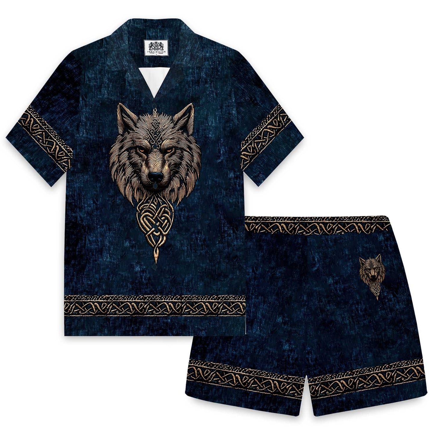 Men's Vintage Viking Wolf Print Camp Collar Short Sleeve Shirt