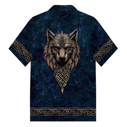 Men's Vintage Viking Wolf Print Camp Collar Short Sleeve Shirt