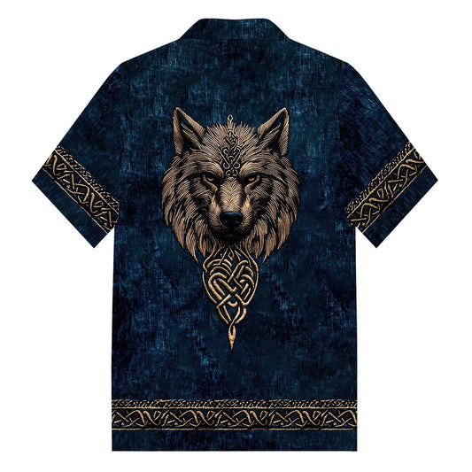 Men's Vintage Viking Wolf Print Camp Collar Short Sleeve Shirt