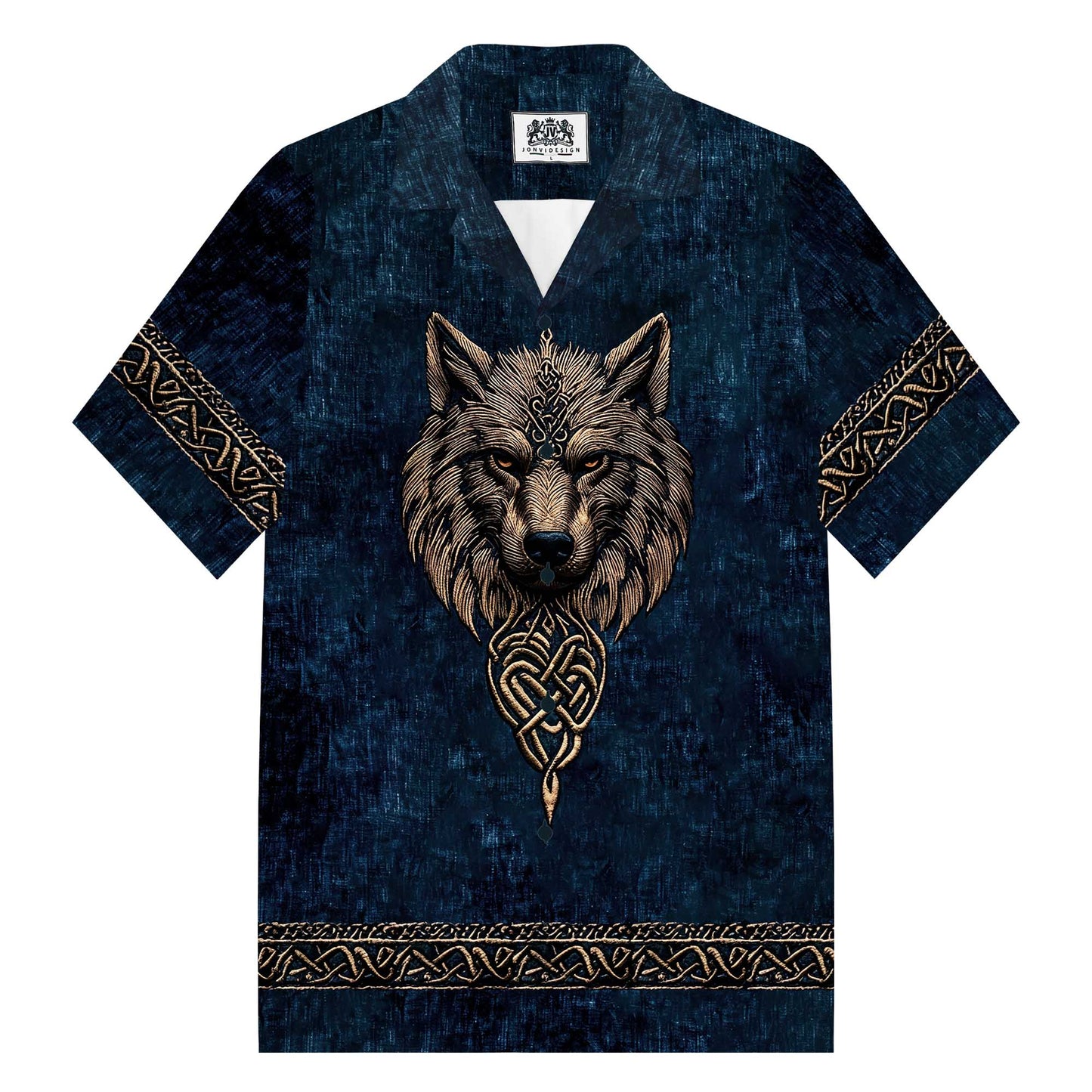 Men's Vintage Viking Wolf Print Camp Collar Short Sleeve Shirt