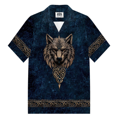 Men's Vintage Viking Wolf Print Camp Collar Short Sleeve Shirt