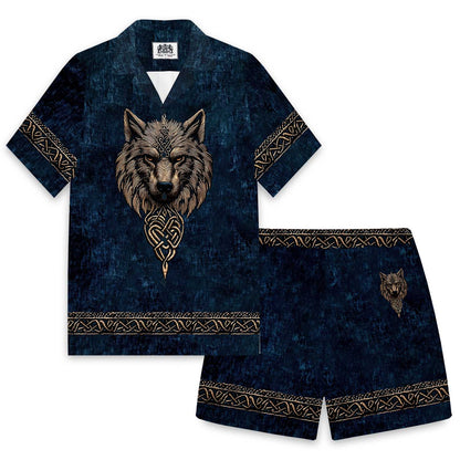 Men's Vintage Viking Wolf Print Elastic Waist Shorts