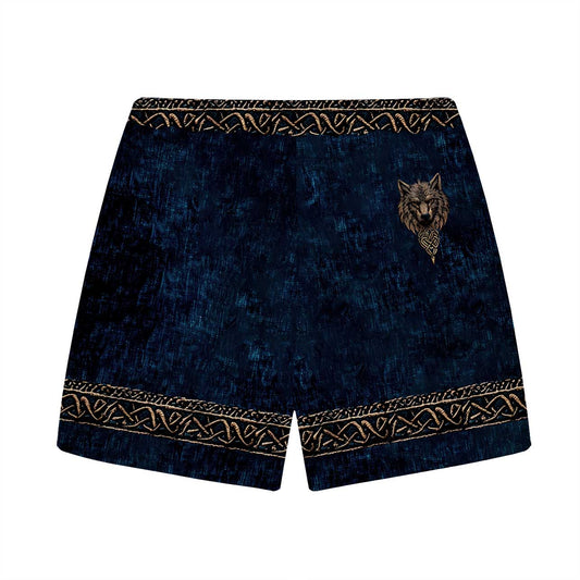 Men's Vintage Viking Wolf Print Elastic Waist Shorts