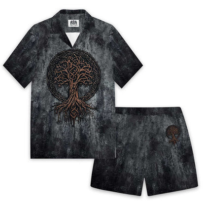 High-Grade Gradient Gray Viking Tree Of Life Pattern Camp Collar Short Sleeve Shirt