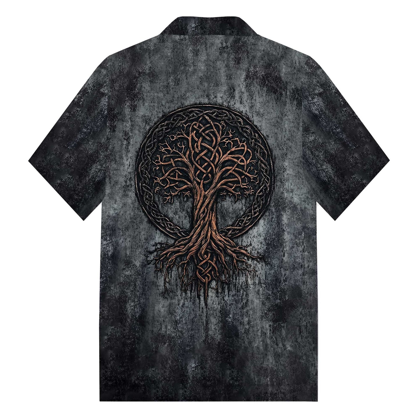 High-Grade Gradient Gray Viking Tree Of Life Pattern Camp Collar Short Sleeve Shirt
