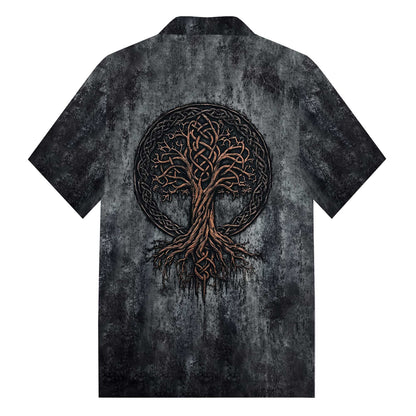 High-Grade Gradient Gray Viking Tree Of Life Pattern Camp Collar Short Sleeve Shirt