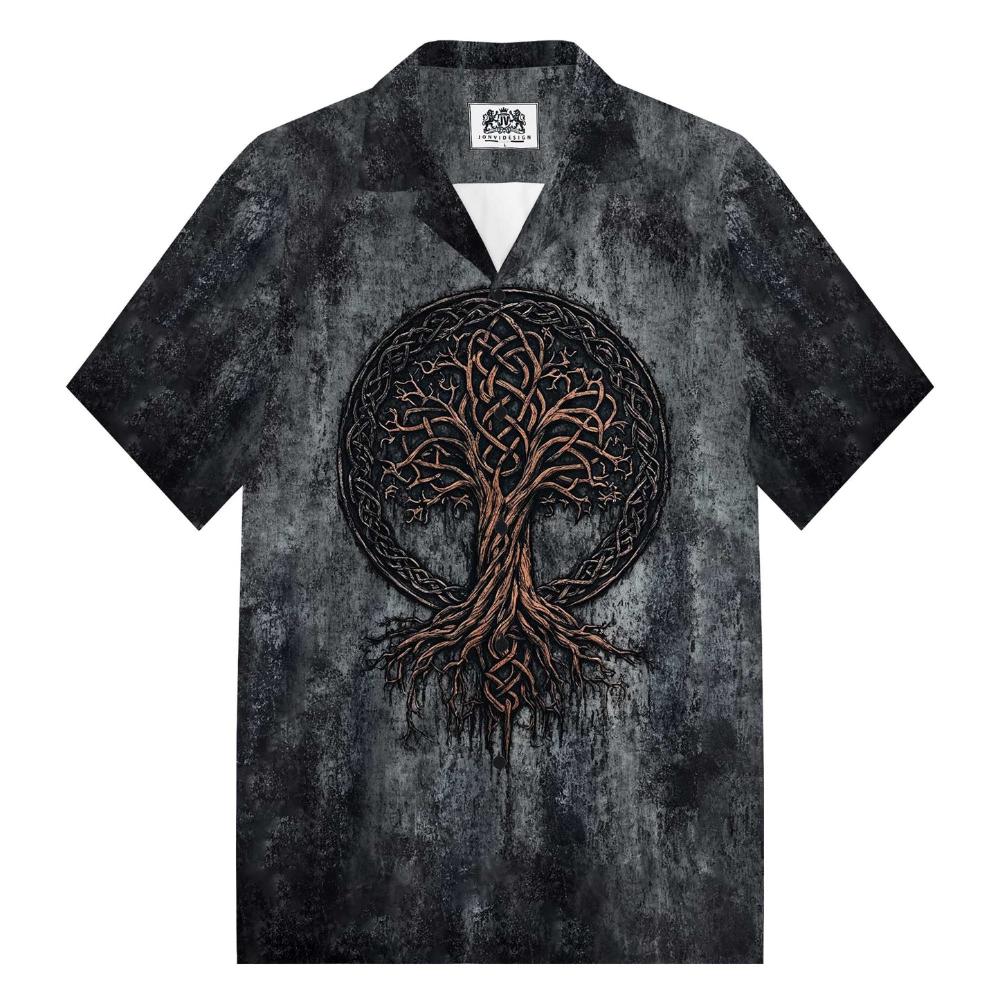 High-Grade Gradient Gray Viking Tree Of Life Pattern Camp Collar Short Sleeve Shirt