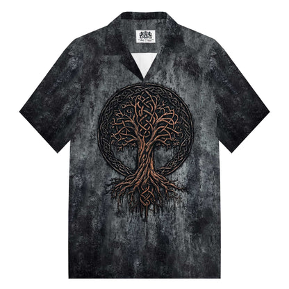 High-Grade Gradient Gray Viking Tree Of Life Pattern Camp Collar Short Sleeve Shirt
