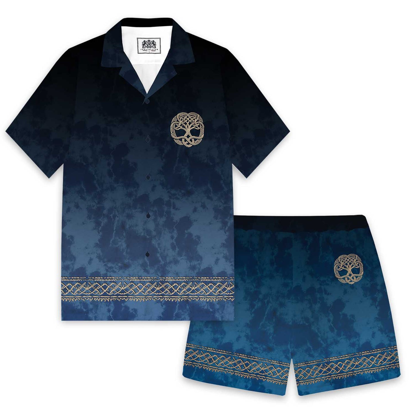 Gradient Blue Viking Tribal Print Camp Collar Short Sleeve Shirt