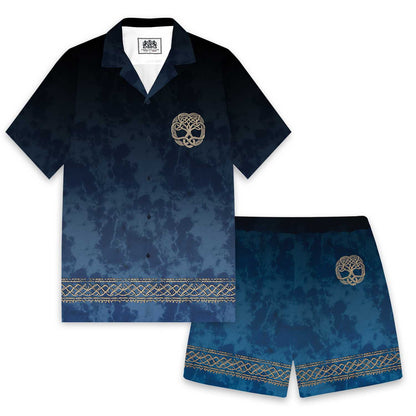 Gradient Blue Viking Tribal Print Camp Collar Short Sleeve Shirt