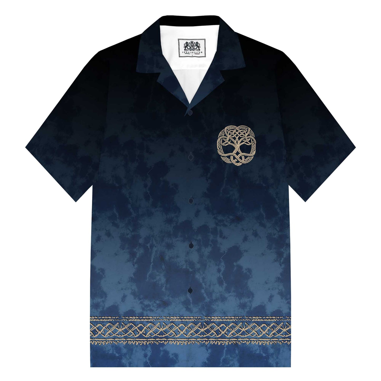 Gradient Blue Viking Tribal Print Camp Collar Short Sleeve Shirt