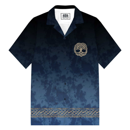 Gradient Blue Viking Tribal Print Camp Collar Short Sleeve Shirt
