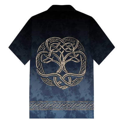 Gradient Blue Viking Tribal Print Camp Collar Short Sleeve Shirt