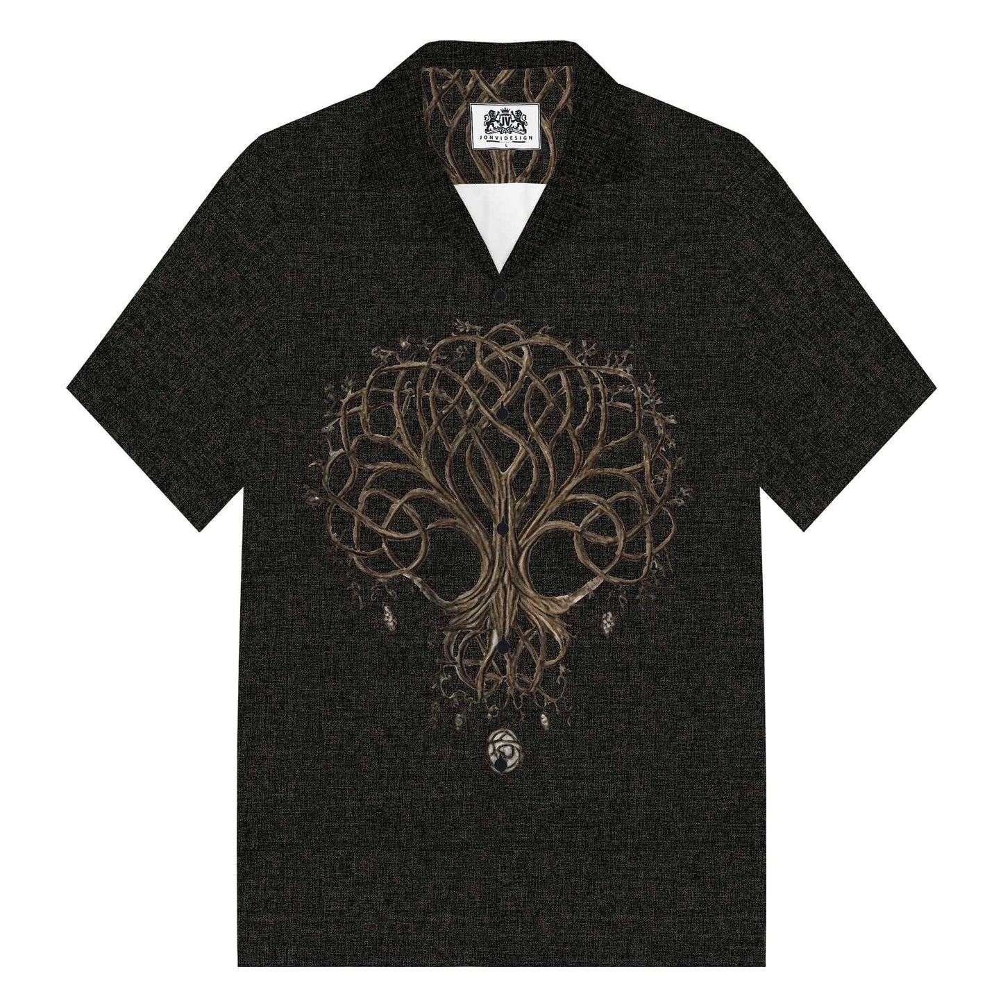 Men's Black Viking Tree of Life Print Camp Collar Casual Short Sleeve Shirt