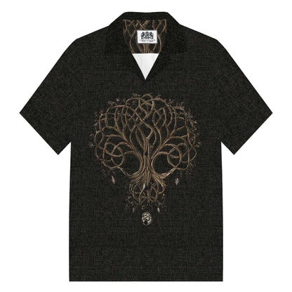 Men's Black Viking Tree of Life Print Camp Collar Casual Short Sleeve Shirt