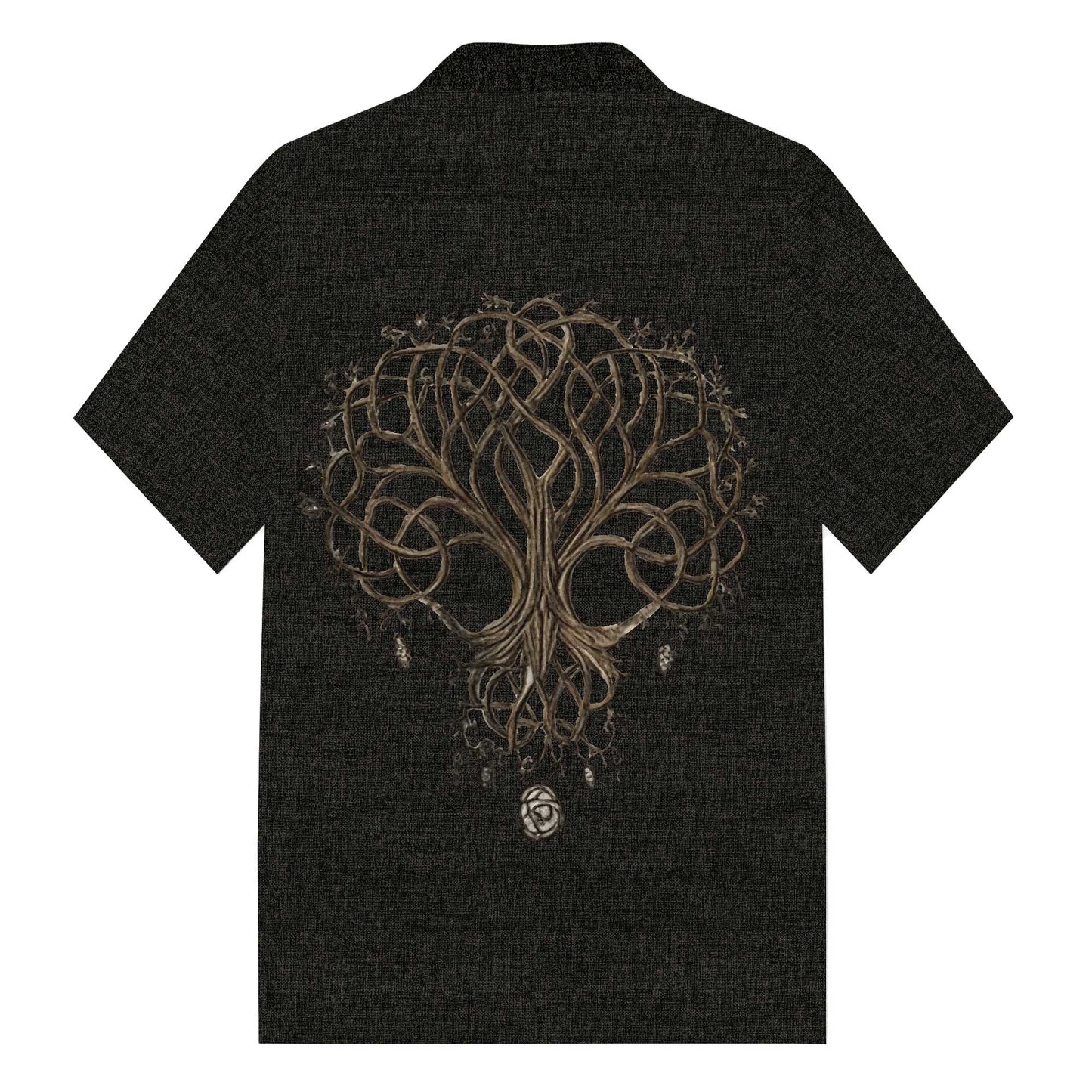 Men's Black Viking Tree of Life Print Camp Collar Casual Short Sleeve Shirt
