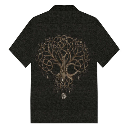 Men's Black Viking Tree of Life Print Camp Collar Casual Short Sleeve Shirt