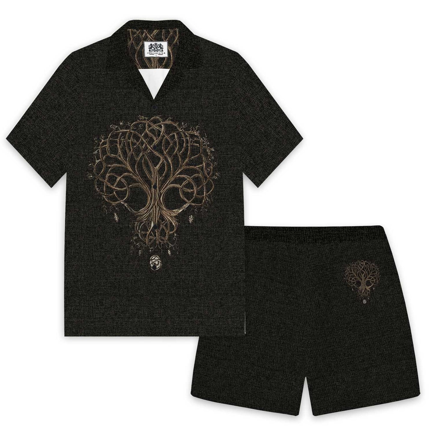 Men's Black Viking Tree of Life Print Casual Elastic Waist Shorts