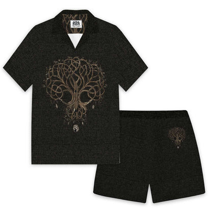Men's Black Viking Tree of Life Print Camp Collar Casual Short Sleeve Shirt