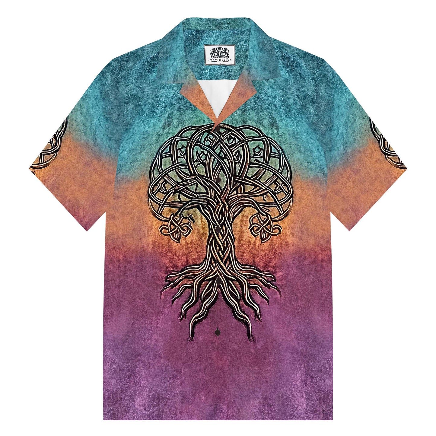 Viking-Style Tree Of Life Celtic Knot Art Camp Collar Short Sleeve Shirt