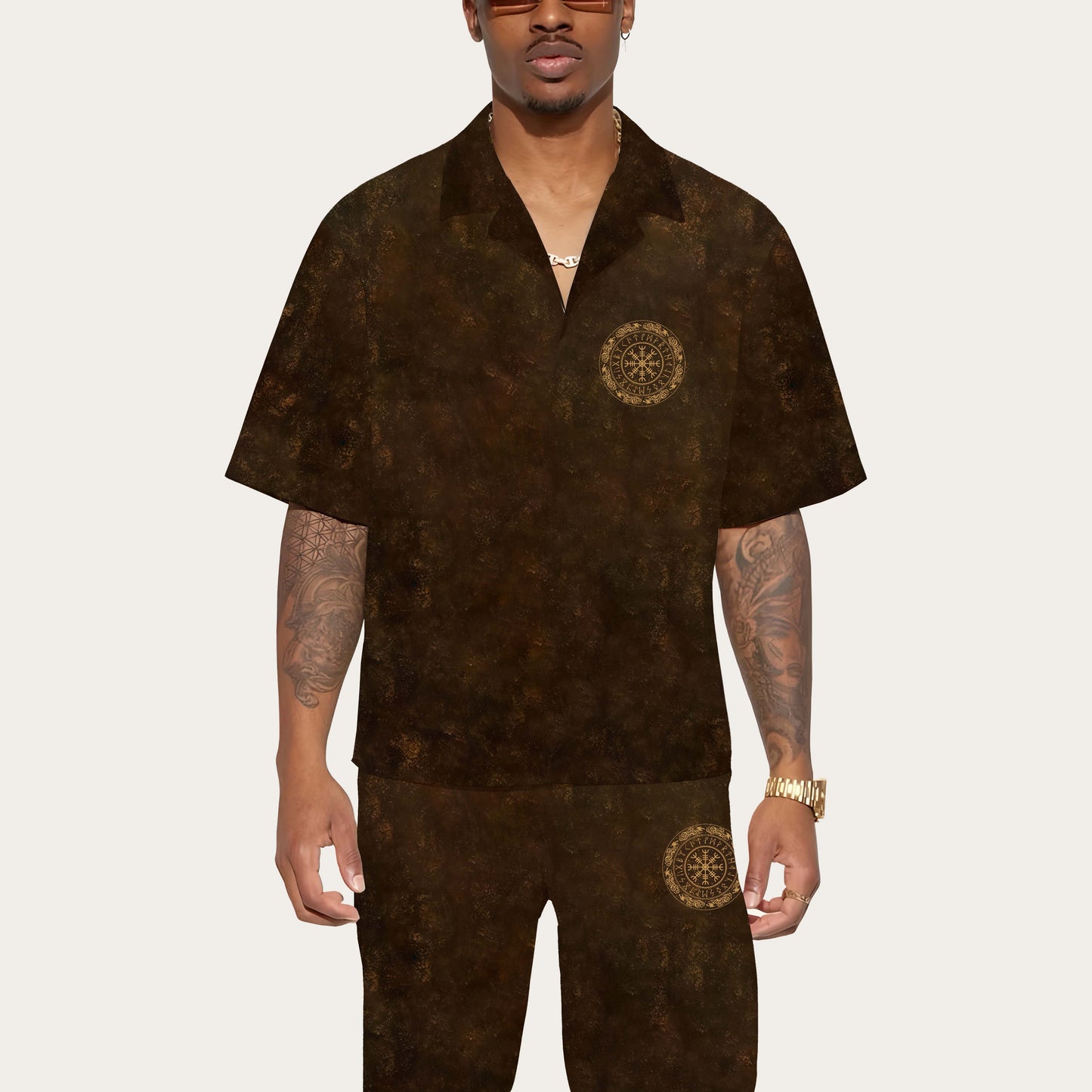 Tribal Viking Bird Graphics Camp Collar Short Sleeve Shirt