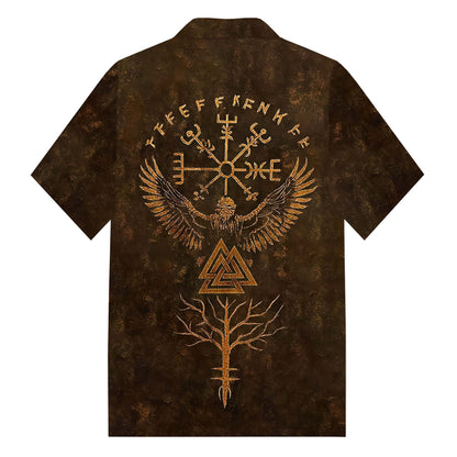 Tribal Viking Bird Graphics Camp Collar Short Sleeve Shirt