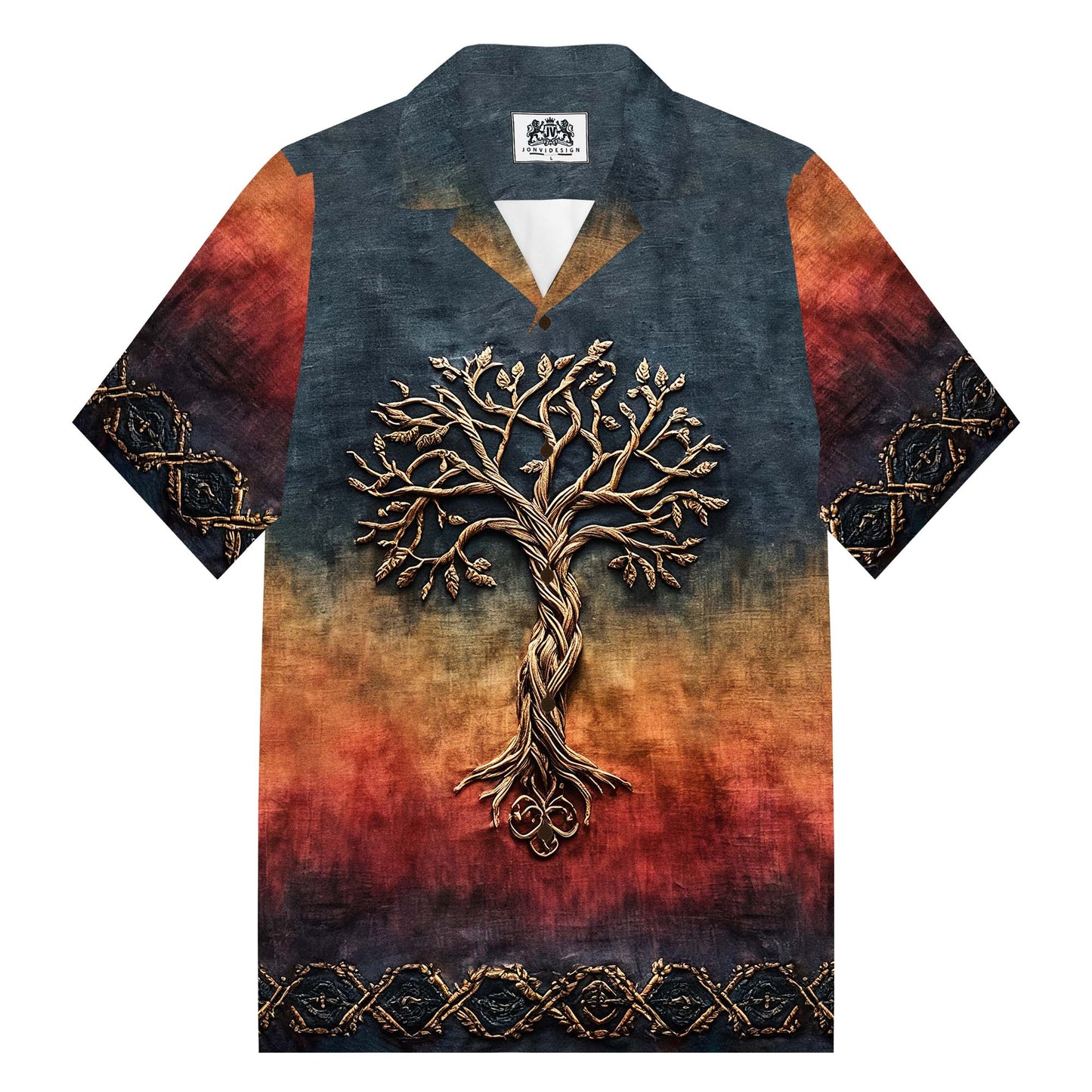 Men's Celtic Knot Tree Of Life Gradient Camp Collar Short Sleeve Shirt