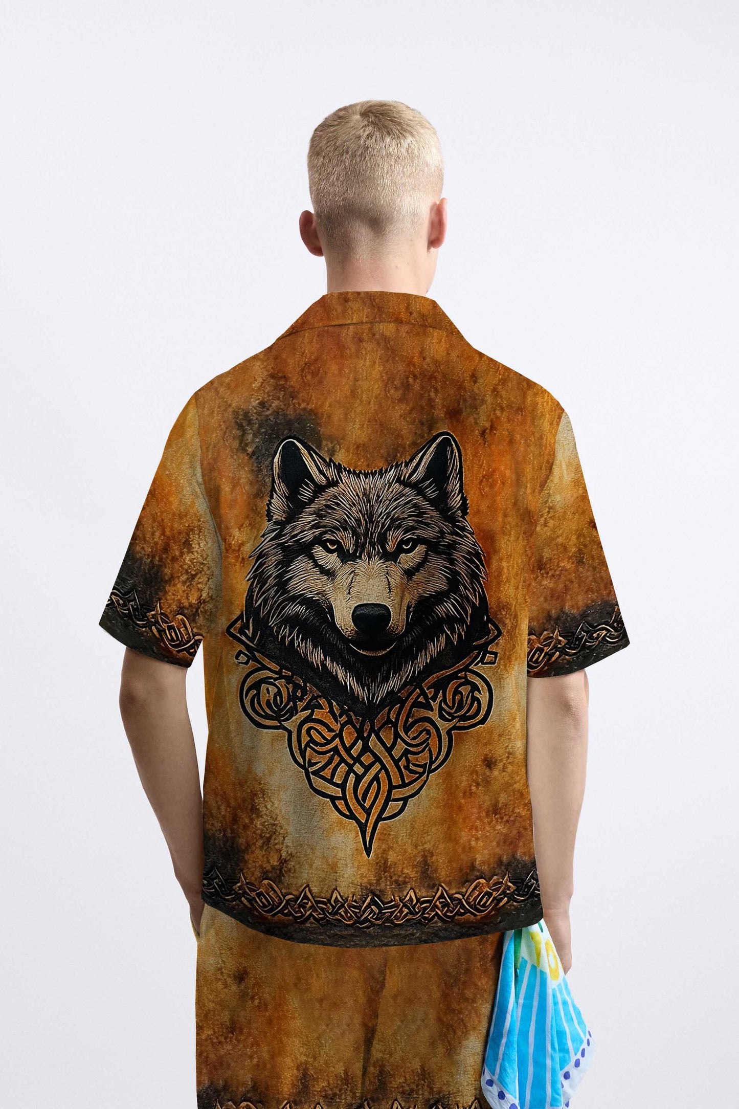 Men's Retro Viking Wolf Print Camp Collar Short Sleeve Shirt