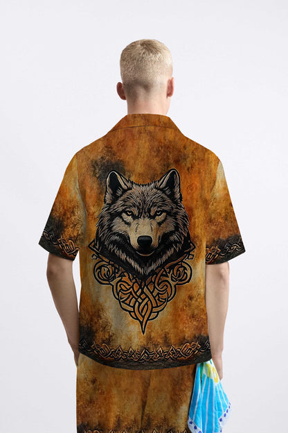Men's Retro Viking Wolf Print Vintage Elastic Waist Shorts