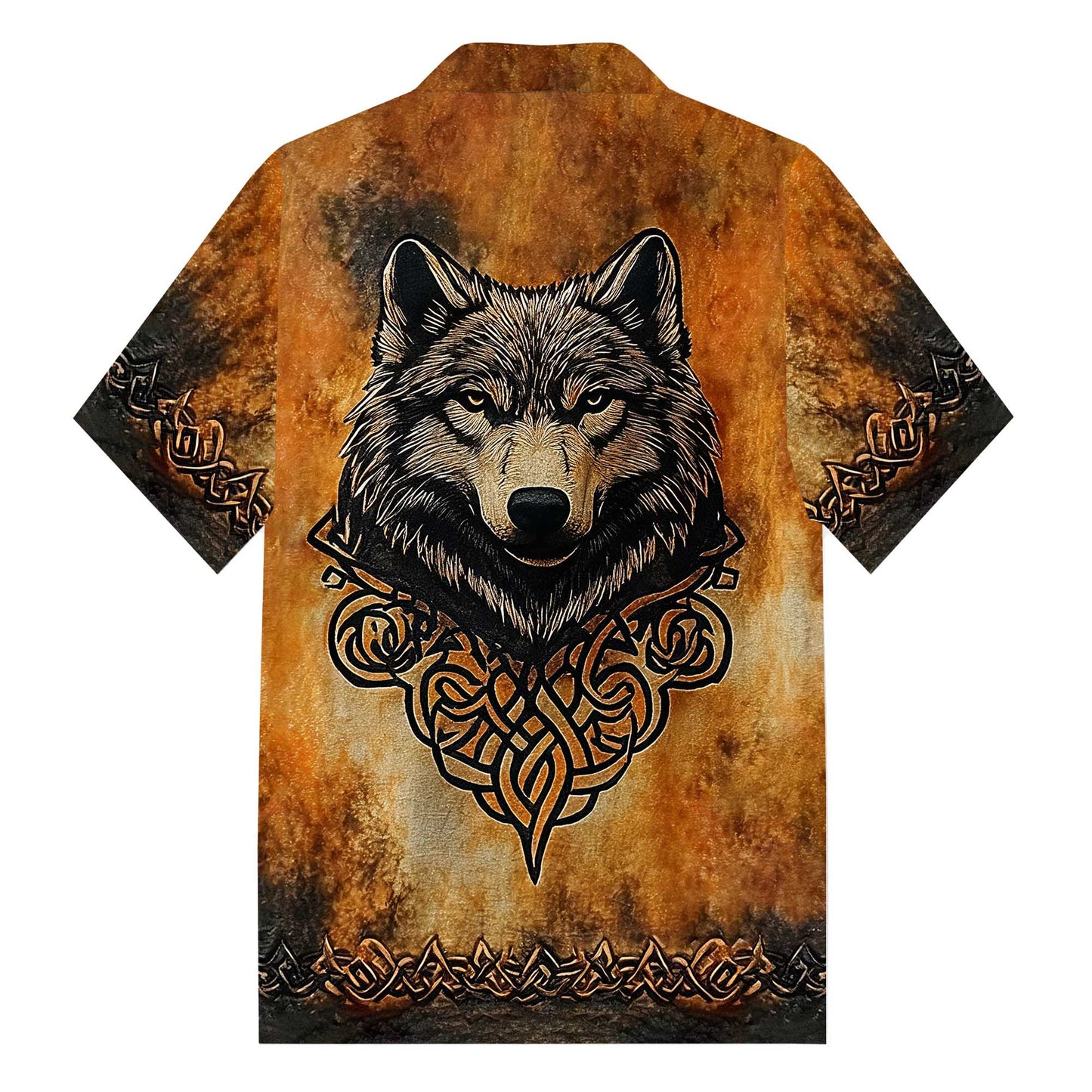 Men's Retro Viking Wolf Print Camp Collar Short Sleeve Shirt