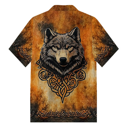 Men's Retro Viking Wolf Print Camp Collar Short Sleeve Shirt