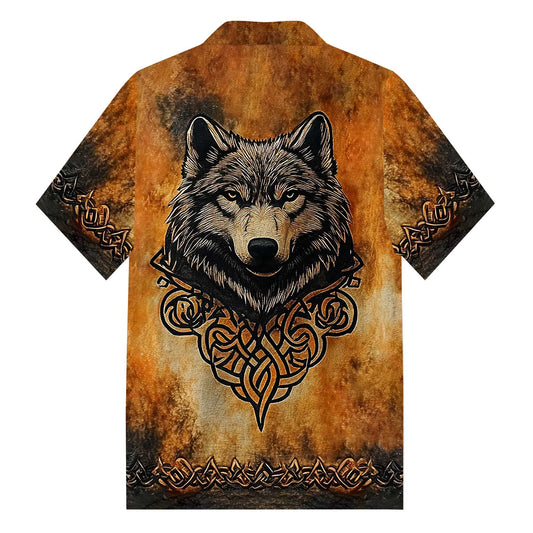 Men's Retro Viking Wolf Print Camp Collar Short Sleeve Shirt