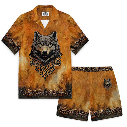 Men's Retro Viking Wolf Print Vintage Elastic Waist Shorts