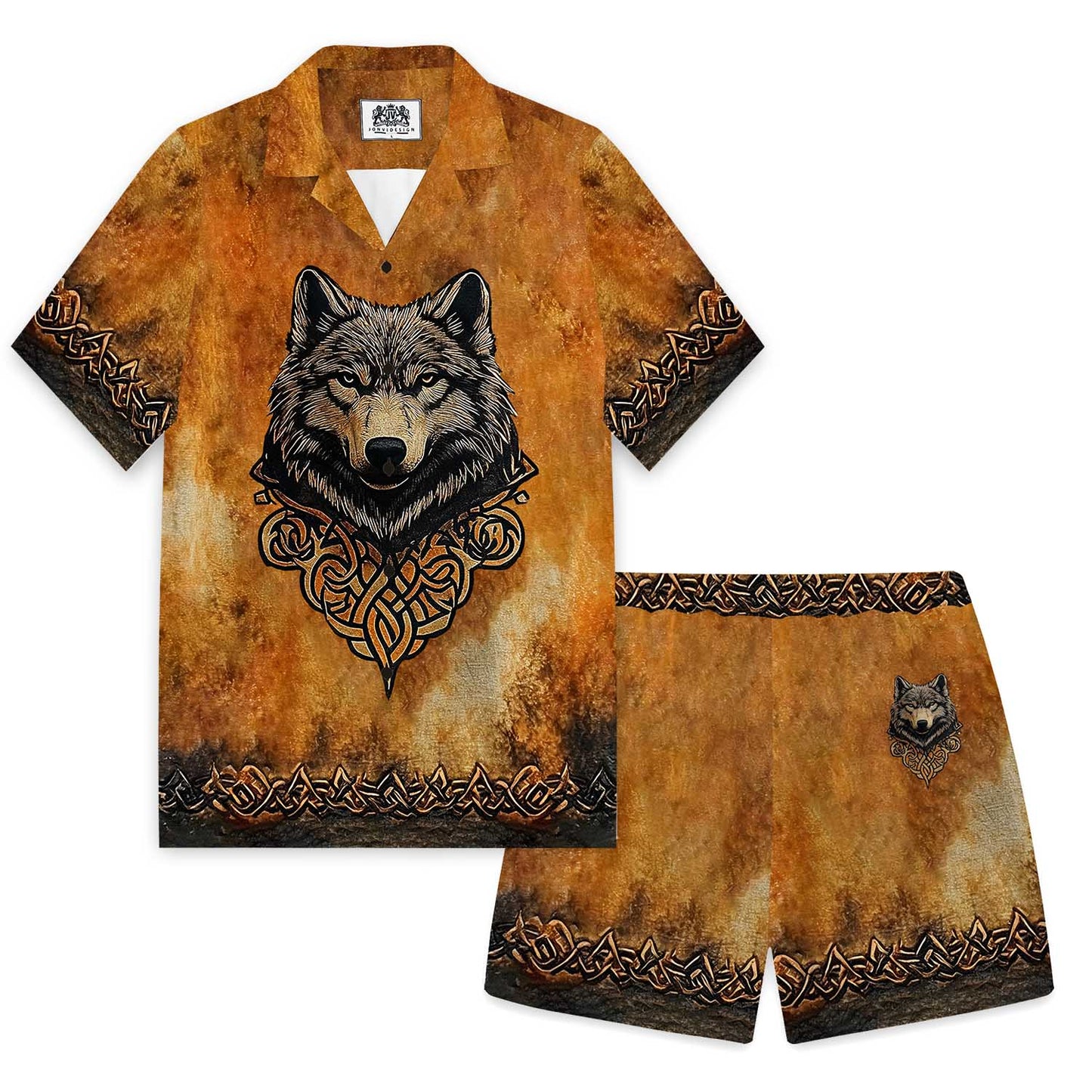 Men's Retro Viking Wolf Print Camp Collar Short Sleeve Shirt
