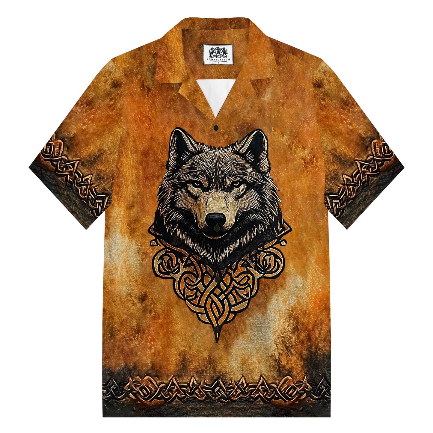 Men's Retro Viking Wolf Print Camp Collar Short Sleeve Shirt