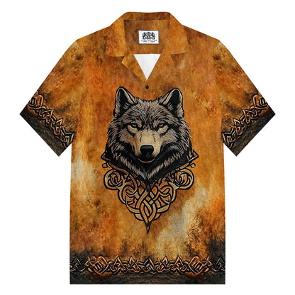 Men's Retro Viking Wolf Print Camp Collar Short Sleeve Shirt