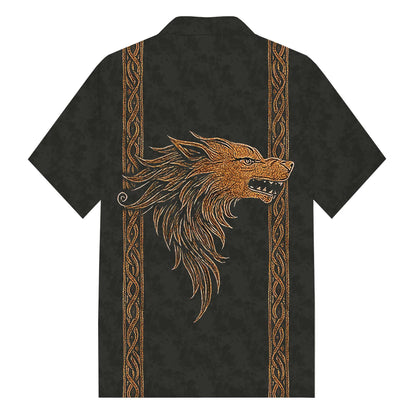 Men's Retro Viking Totem Wolf Warrior Camp Collar Short Sleeve Shirt