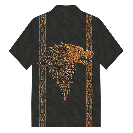 Men's Retro Viking Totem Wolf Warrior Camp Collar Short Sleeve Shirt
