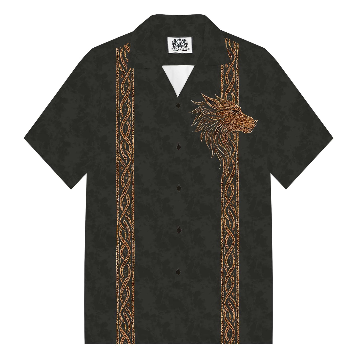 Men's Retro Viking Totem Wolf Warrior Camp Collar Short Sleeve Shirt