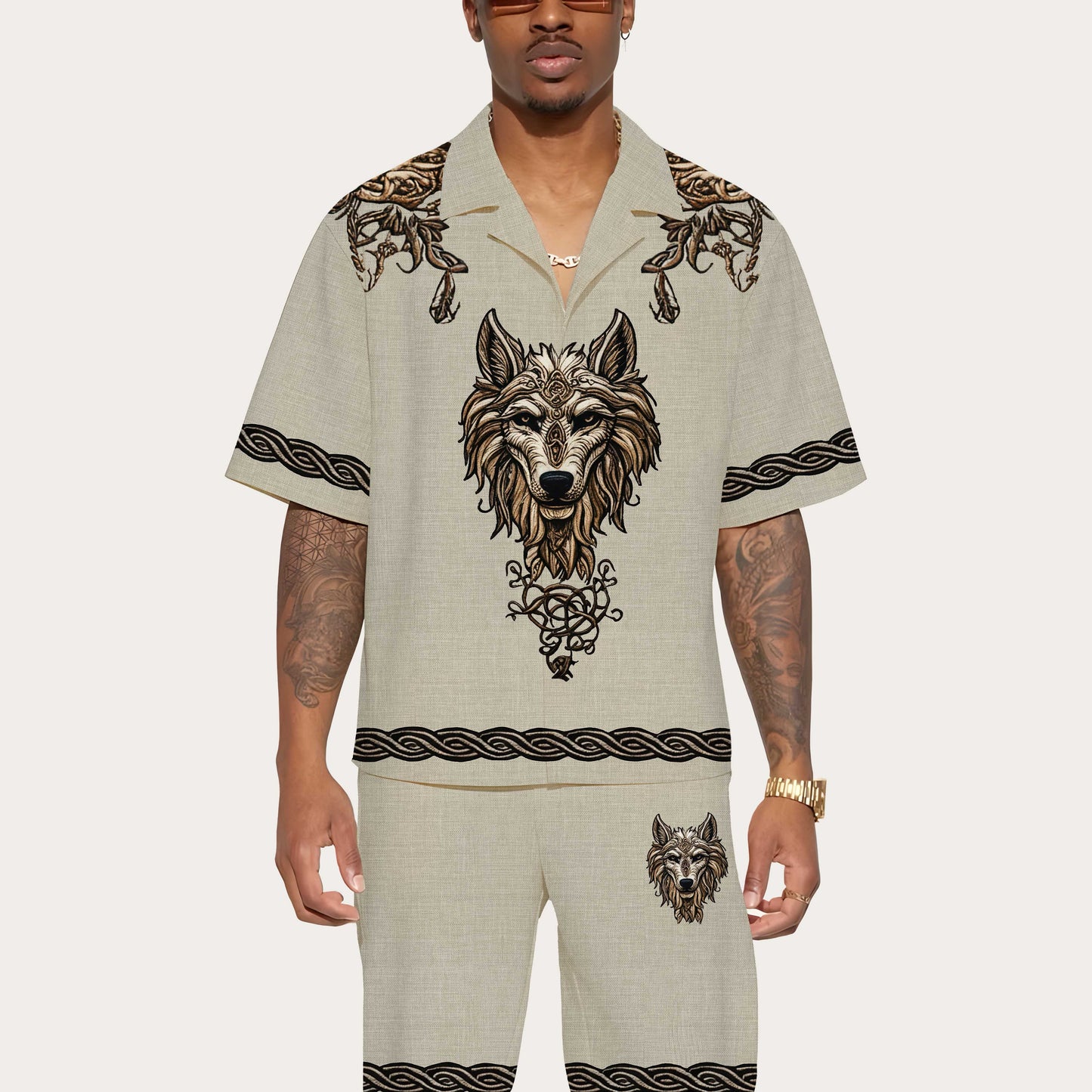 Men's Retro Viking Totem Wolf Elastic Waist Shorts