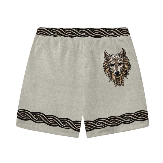 Men's Retro Viking Totem Wolf Elastic Waist Shorts