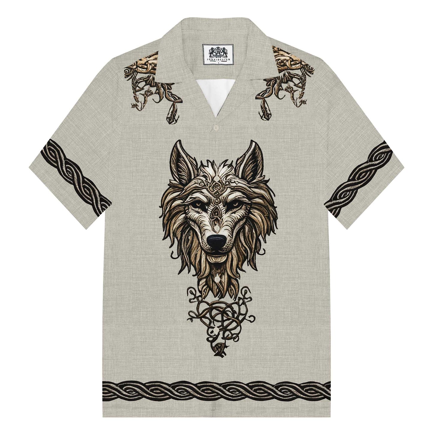 Men's Retro Viking Totem Wolf Camp Collar Short Sleeve Shirt