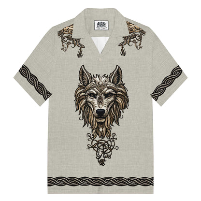 Men's Retro Viking Totem Wolf Camp Collar Short Sleeve Shirt